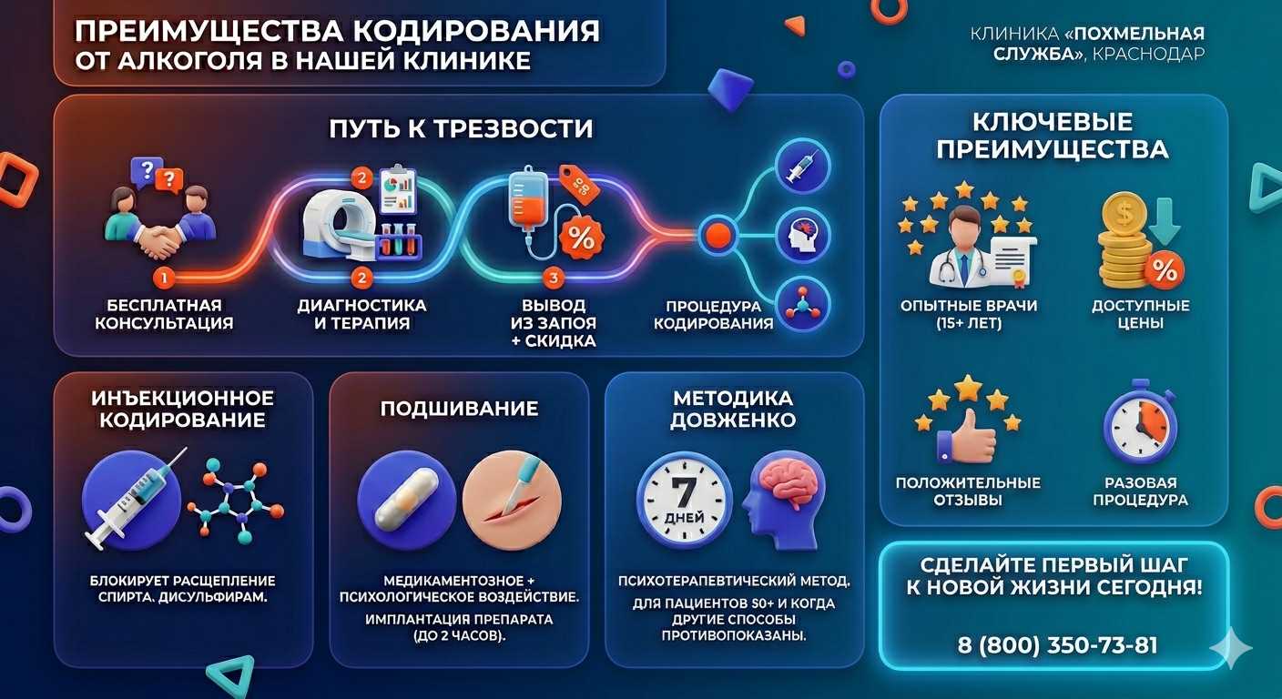 Инфографика о методах кодирования от алкоголя в Мостовском: инъекции, подшивание, метод Довженко. Преимущества клиники и этапы лечения.