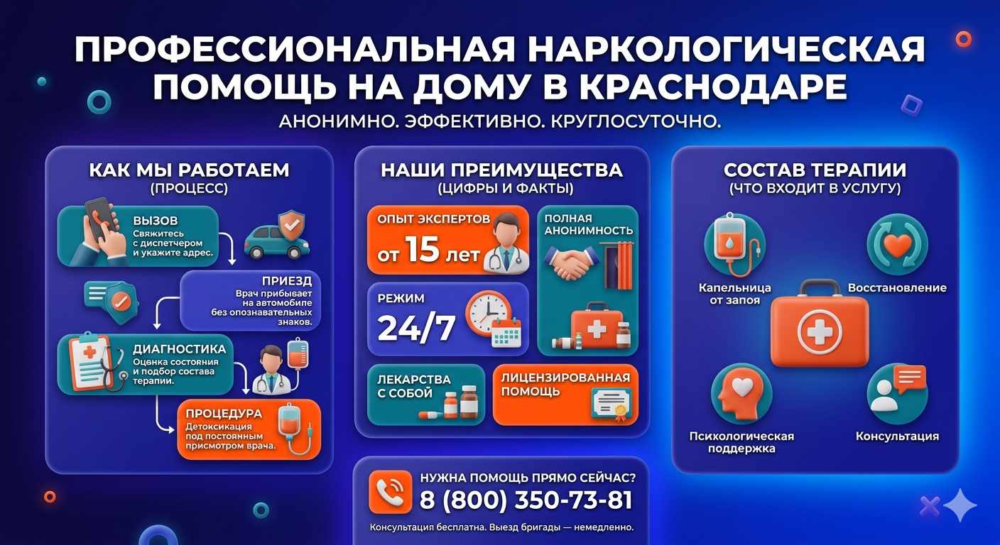 Инфографика о принципах лечения алкоголизма на дому в Мостовском: этапы вызова нарколога, преимущества анонимной детоксикации и состав медицинской помощи.